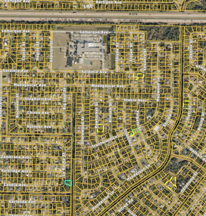 This is an aerial map showing residential streets and property lot lines — LA ROCHA STREET, NORTH PORT, FL