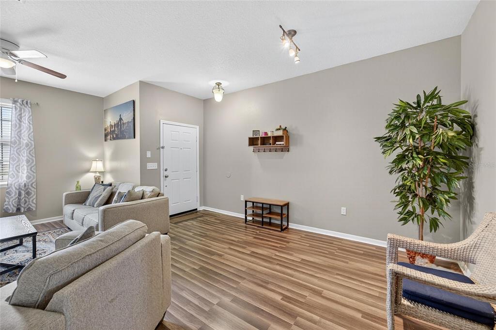 A living room with light gray walls, wood-look flooring, a sofa, and a potted plant — 2052 GREENWOOD VALLEY DRIVE, PLANT CITY, FL