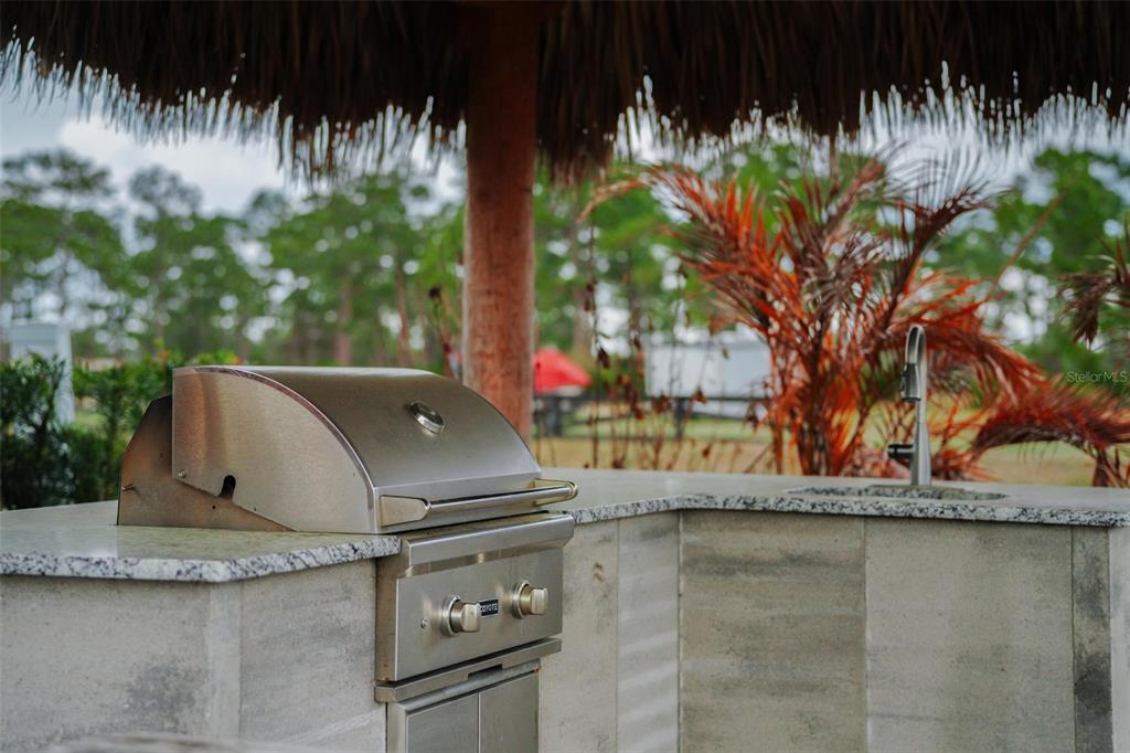 An outdoor kitchen features a stainless steel grill, granite countertop, and a thatched roof — HIGHWAY 630 E UNIT 15, LAKE WALES, FL