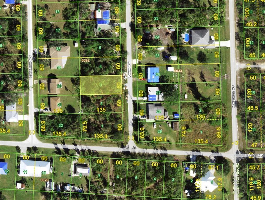 This is a property tax map showing parcel boundaries and lot dimensions for a residential area — 12469 POEM AVENUE, PUNTA GORDA, FL