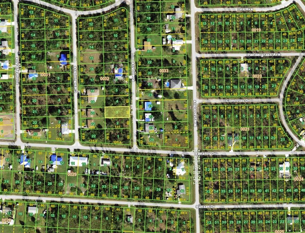 This is an aerial map showing residential lots and street layouts in a suburban neighborhood — 12469 POEM AVENUE, PUNTA GORDA, FL