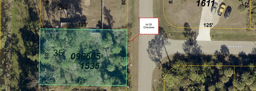 This is an aerial map showing a rectangular plot of land labeled lot 35 — CHEROKEE STREET, NORTH PORT, FL