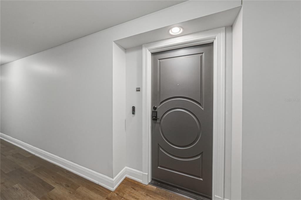 A gray door with a circular design is set in a hallway with light walls — 1227 E MADISON STREET UNIT 504, TAMPA, FL