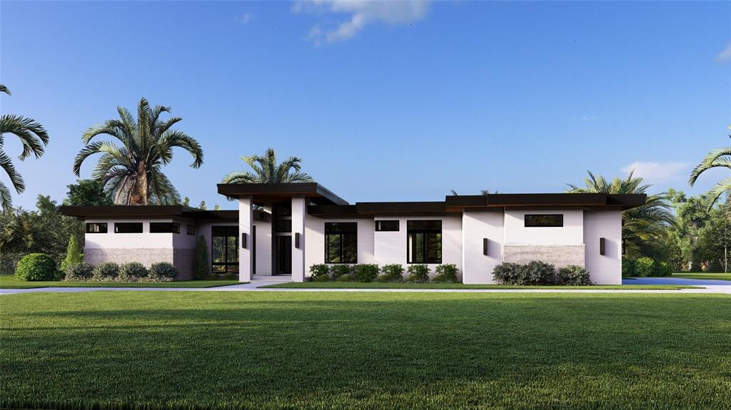 This is a rendering of a modern single-story house with a flat roof and palm trees — 12913 GUNN HIGHWAY, ODESSA, FL