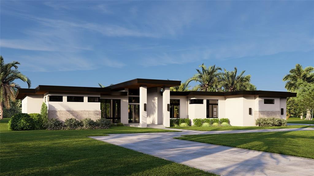 This is a rendering of a modern, single-story house with a flat roof and stone accents — 12913 GUNN HIGHWAY, ODESSA, FL