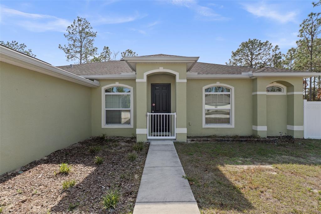 A single-story house with light green stucco, a dark front door, and a concrete walkway — 13124 SNOWY PLOVER AVENUE, WEEKI WACHEE, FL