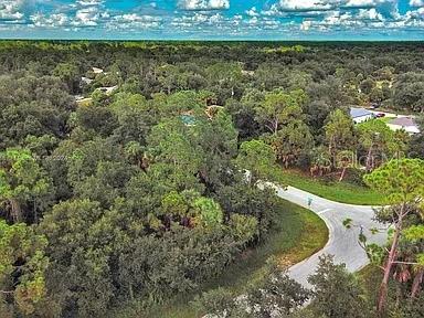 An aerial view shows a wooded lot situated at the corner of a paved road — 145 LOFTIN STREET, PORT CHARLOTTE, FL