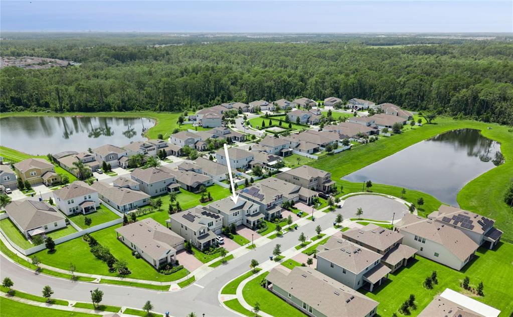 An aerial view shows a suburban neighborhood with houses, ponds, and a white arrow pointing to a home — 11031 JACKSON COVE, WINTER GARDEN, FL