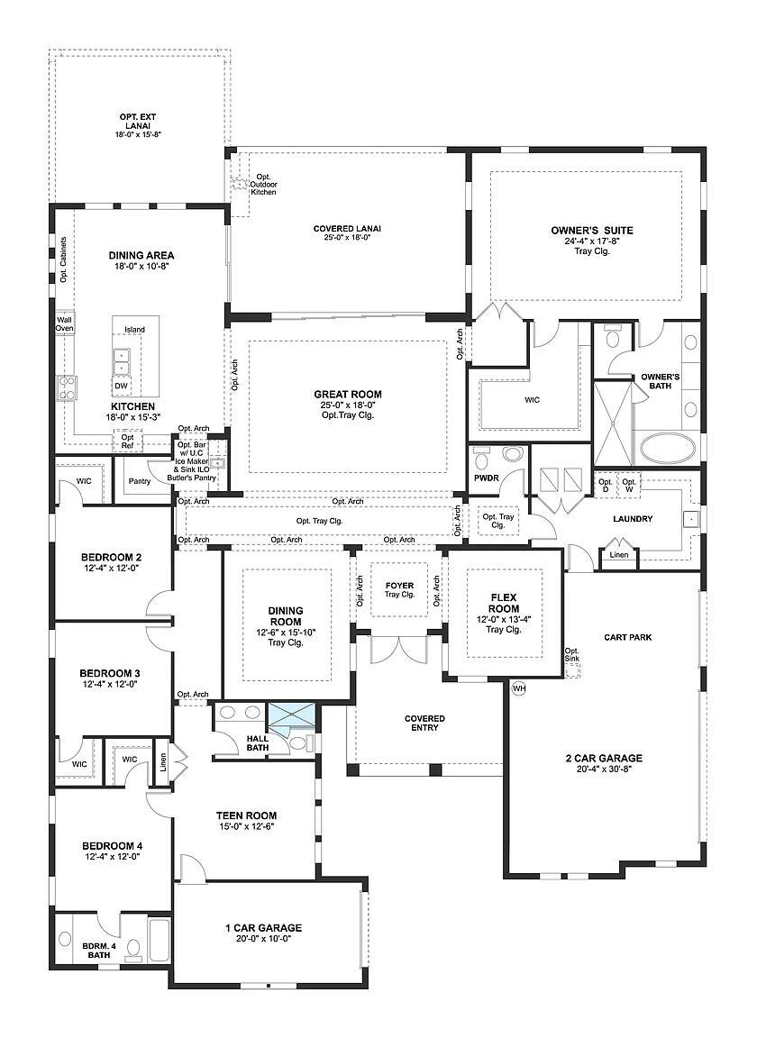 This floor plan shows a single-story house with four bedrooms, a three-car garage, and a lanai — 5716 S Sterling Ranch, Davie FL 33314, DAVIE, FL