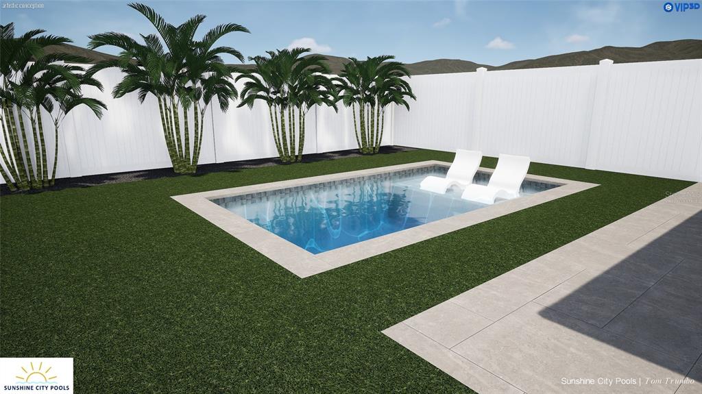 This rendering shows a rectangular swimming pool with a tanning ledge and two lounge chairs — 117 W GLADYS STREET UNIT 2, TAMPA, FL