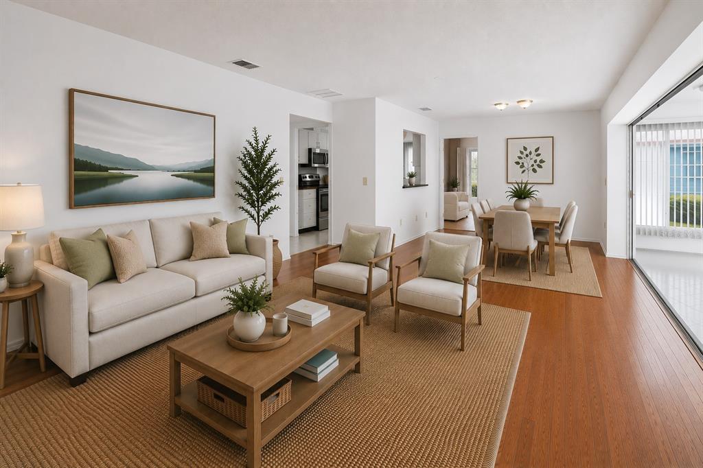This is a digital rendering of an open-concept living and dining room with wood flooring — 6510 11TH AVENUE W, BRADENTON, FL