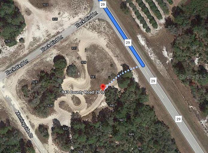 This is a satellite map view showing a dirt track on a wooded lot — 943 COUNTY ROAD 29, LAKE PLACID, FL