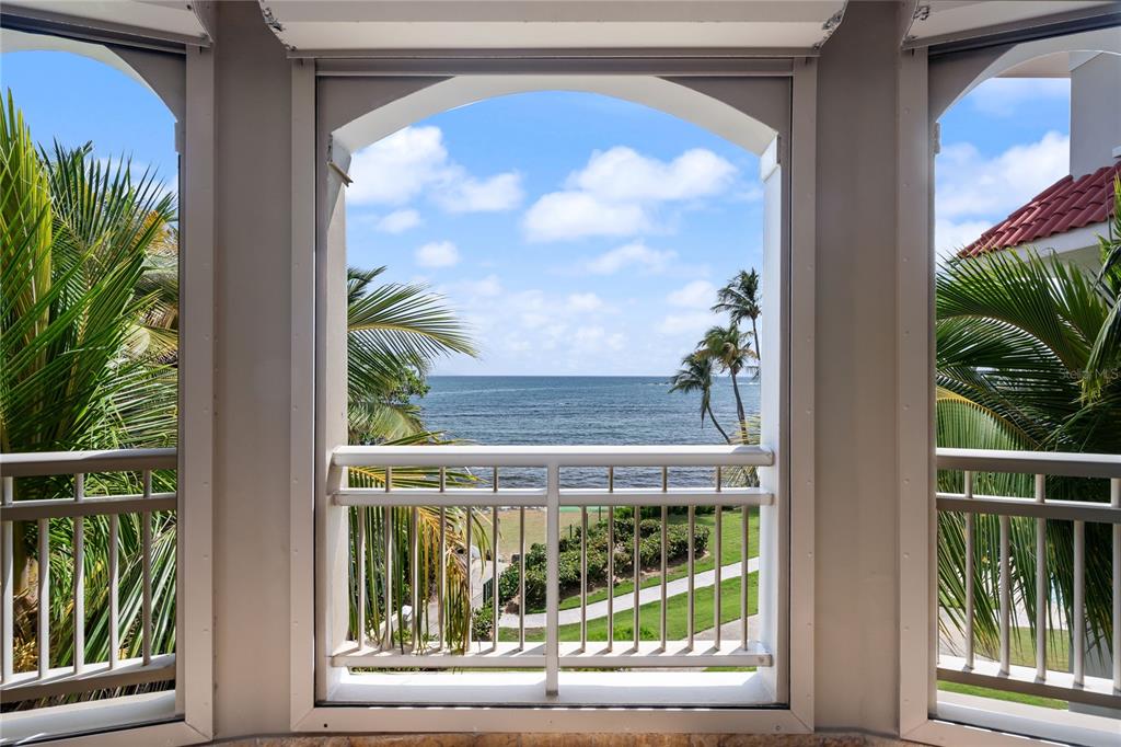 A view of the ocean and palm trees from a screened-in balcony with railings — Palmas del Mar PLAZA DEL MAR UNIT N-3A, HUMACAO, PR