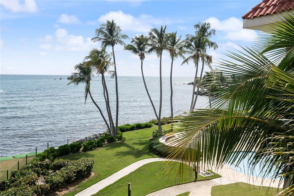 An elevated view of a grassy lawn, palm trees, and the ocean from a balcony — Palmas del Mar PLAZA DEL MAR UNIT N-3A, HUMACAO, PR