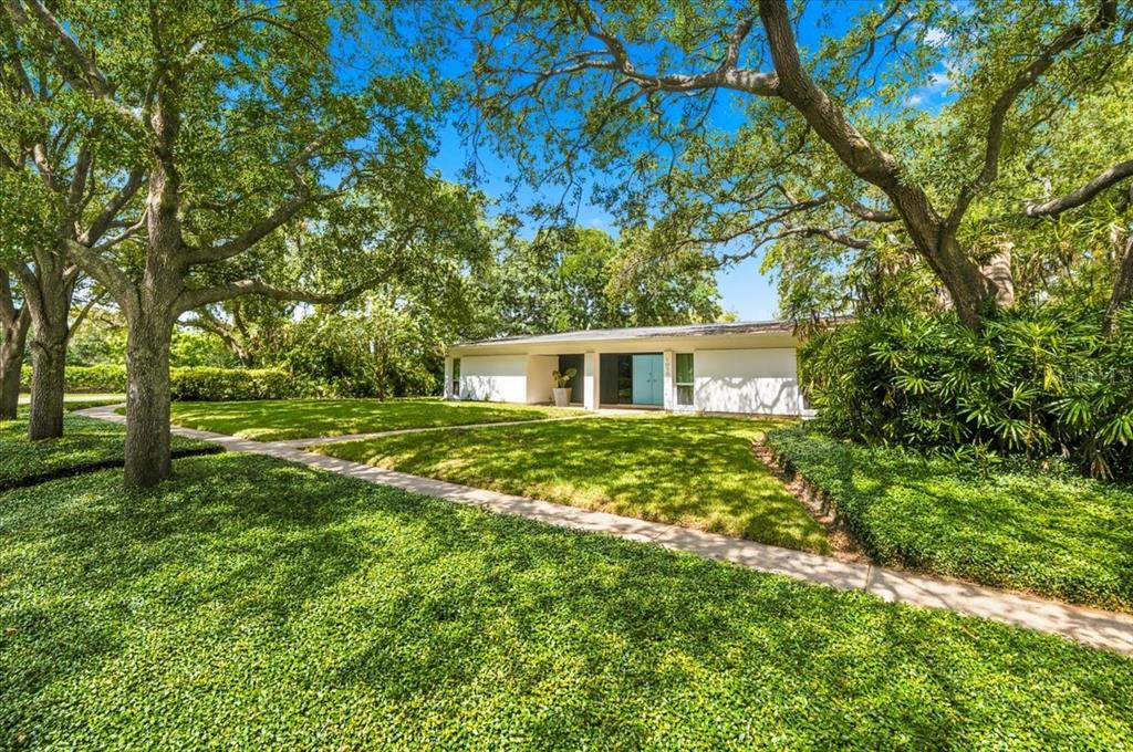 A single-story white house sits behind a large lawn shaded by mature oak trees — 10502 SAGO ROAD, TAMPA, FL