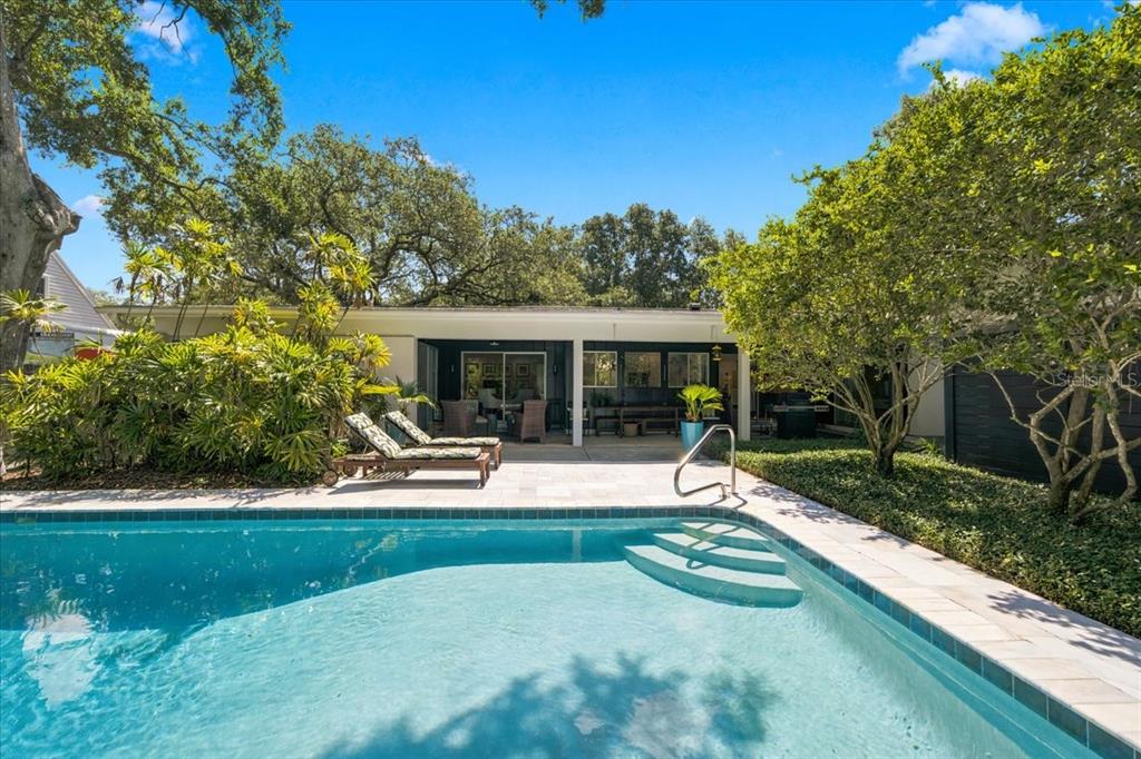 A swimming pool sits in front of a patio and a single-story house exterior — 10502 SAGO ROAD, TAMPA, FL