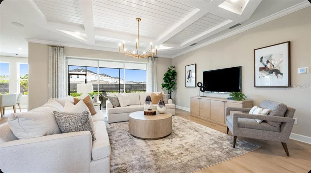 A living room features a coffered ceiling, a chandelier, a television, and a large rug — 12517 WHARF TERRACE, PALMETTO, FL