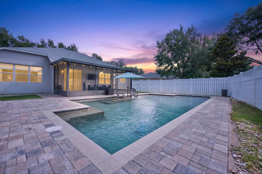 A backyard features a swimming pool with a tanning ledge and a covered screened patio — 2550 BREEZY MEADOW ROAD, APOPKA, FL