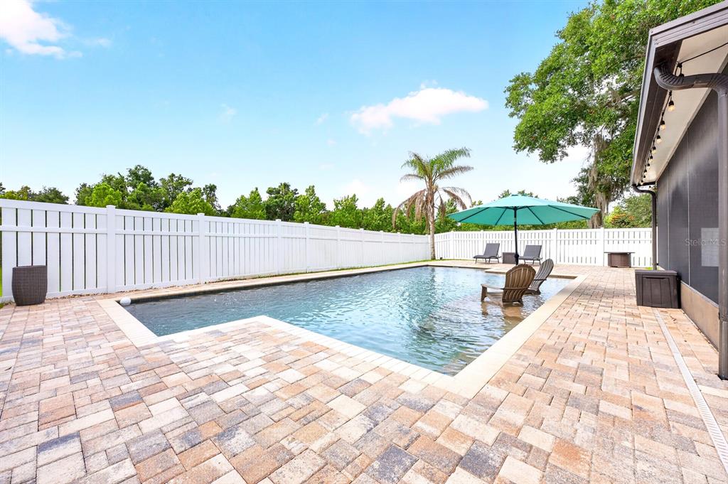 A backyard features a rectangular swimming pool with a tanning ledge, patio, and white fence — 2550 BREEZY MEADOW ROAD, APOPKA, FL