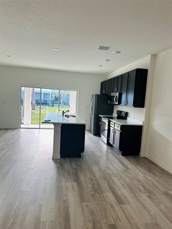 A kitchen with dark cabinets and a white island overlooks a patio through sliding doors — 737 MAPLE OAK DRIVE, DELAND, FL