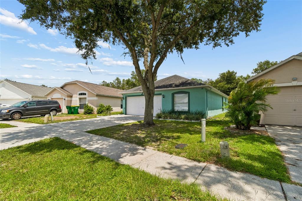 A teal single-story house with a two-car garage sits behind a large tree — 5936 LAKE FRONT DRIVE, WESLEY CHAPEL, FL