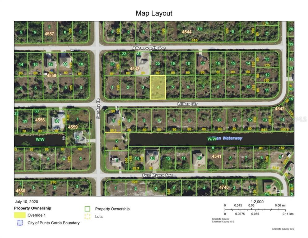 This is a map layout showing residential lots and street names in a neighborhood — 14623 LILLIAN CIRCLE, PORT CHARLOTTE, FL
