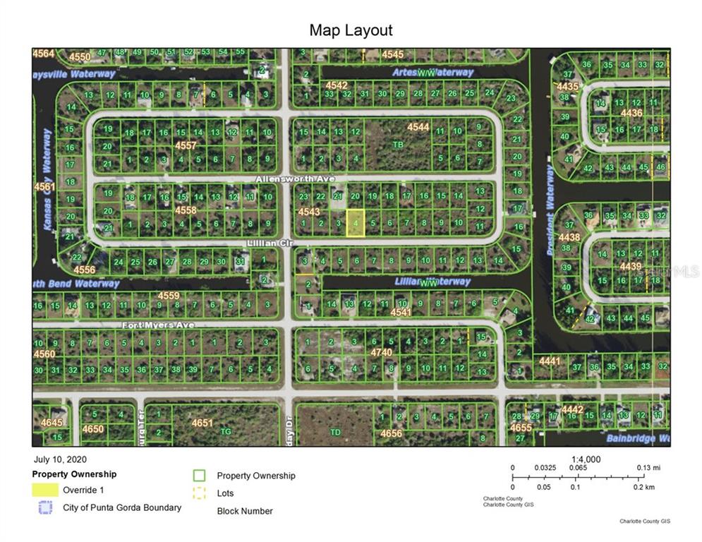 This is a map layout showing property lots, block numbers, and waterways in a neighborhood — 14623 LILLIAN CIRCLE, PORT CHARLOTTE, FL
