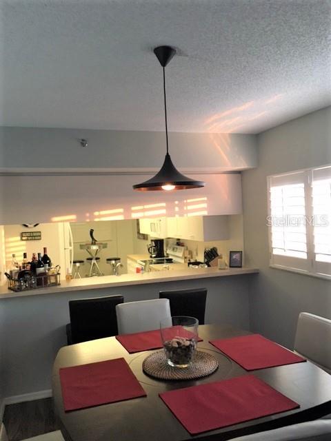 A dining area features a dark round table with red placemats beneath a pendant light — 9510 HARBOR GREENS WAY UNIT 501, SEMINOLE, FL
