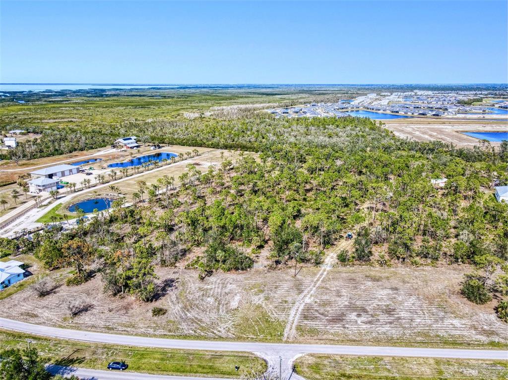 An aerial view shows a large, partially wooded plot of land adjacent to a paved road — 24552 YACHT CLUB BOULEVARD, PUNTA GORDA, FL