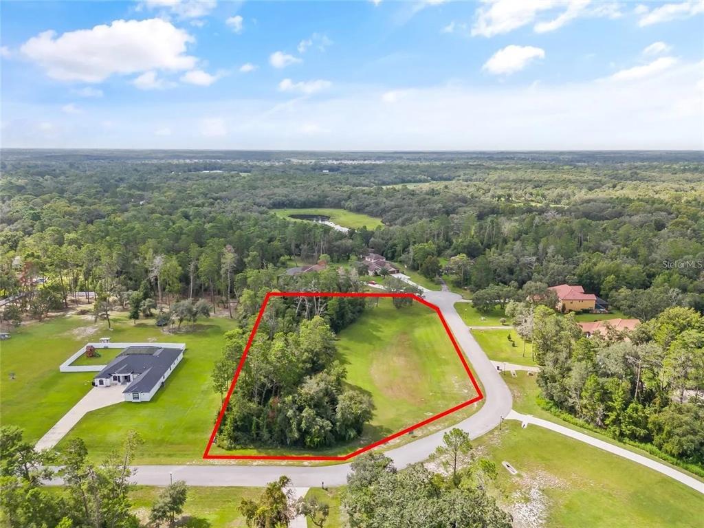 An aerial view shows a vacant, partially wooded residential lot outlined in red — 13615 GOPHER POND CT, HUDSON, FL