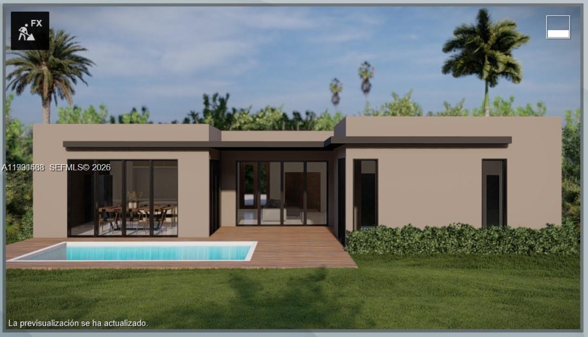 A digital rendering of a modern, flat-roofed house with a pool and wooden deck — 516 NE 28th Dr, Wilton Manors FL 33334, WILTON MANORS, FL