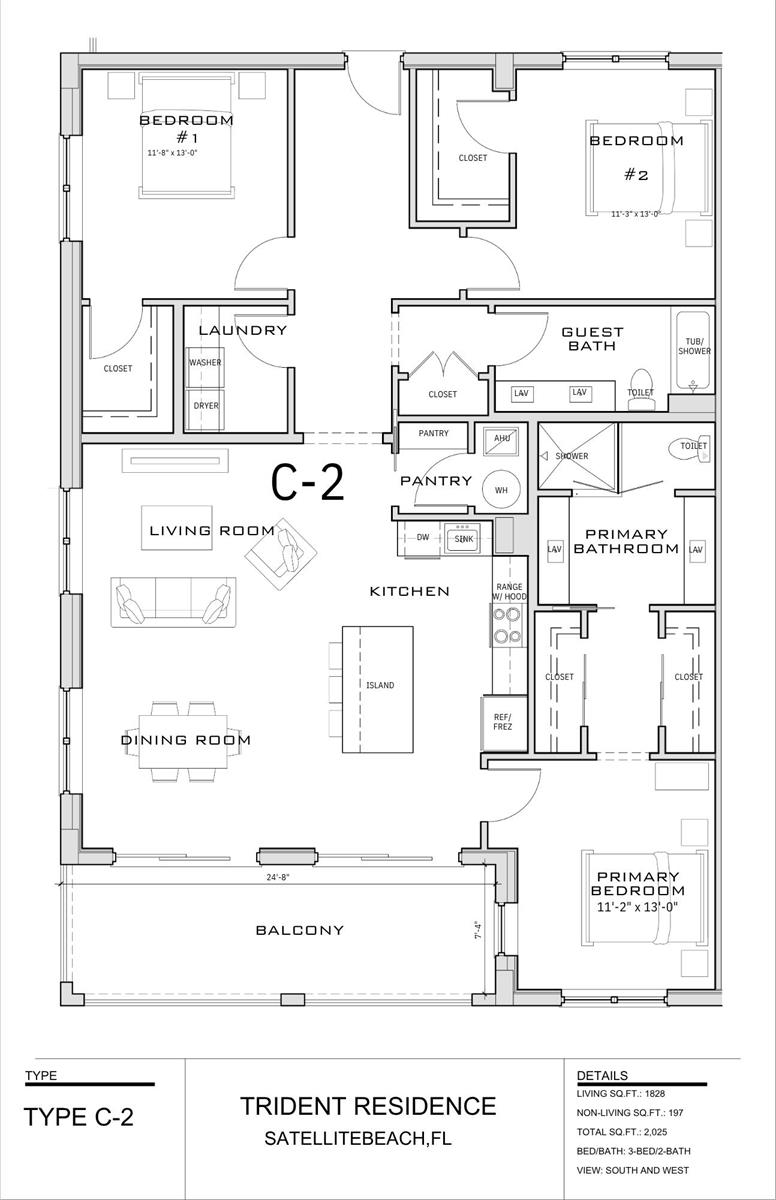 This floor plan shows a three-bedroom, two-bathroom residential unit with an open kitchen and balcony — 1230 Jimmy Buffett Memorial Highway # 413, Satellite Beach FL 32937, SATELLITE BEACH, FL