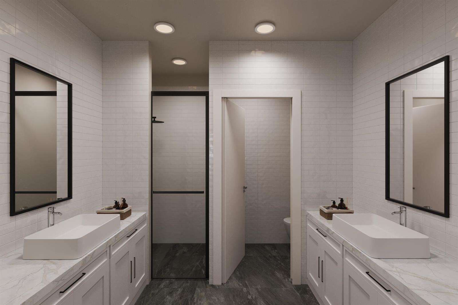 This rendering shows a modern bathroom with dual vanities, white tiled walls, and dark flooring — 1230 Jimmy Buffett Memorial Highway # 413, Satellite Beach FL 32937, SATELLITE BEACH, FL