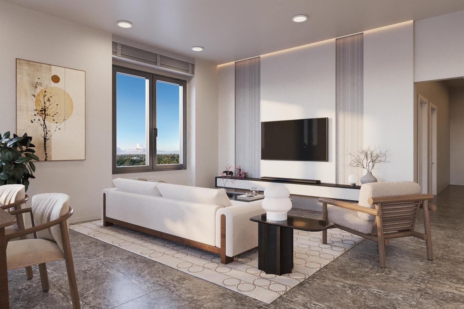 This rendering shows a modern living room with a white sofa, television, and marble flooring — 1230 Jimmy Buffett Memorial Highway # 413, Satellite Beach FL 32937, SATELLITE BEACH, FL
