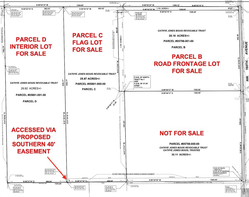 This is a land survey map showing the layout and dimensions of four parcels of land — Parcel C NW 160TH AVENUE, MORRISTON, FL