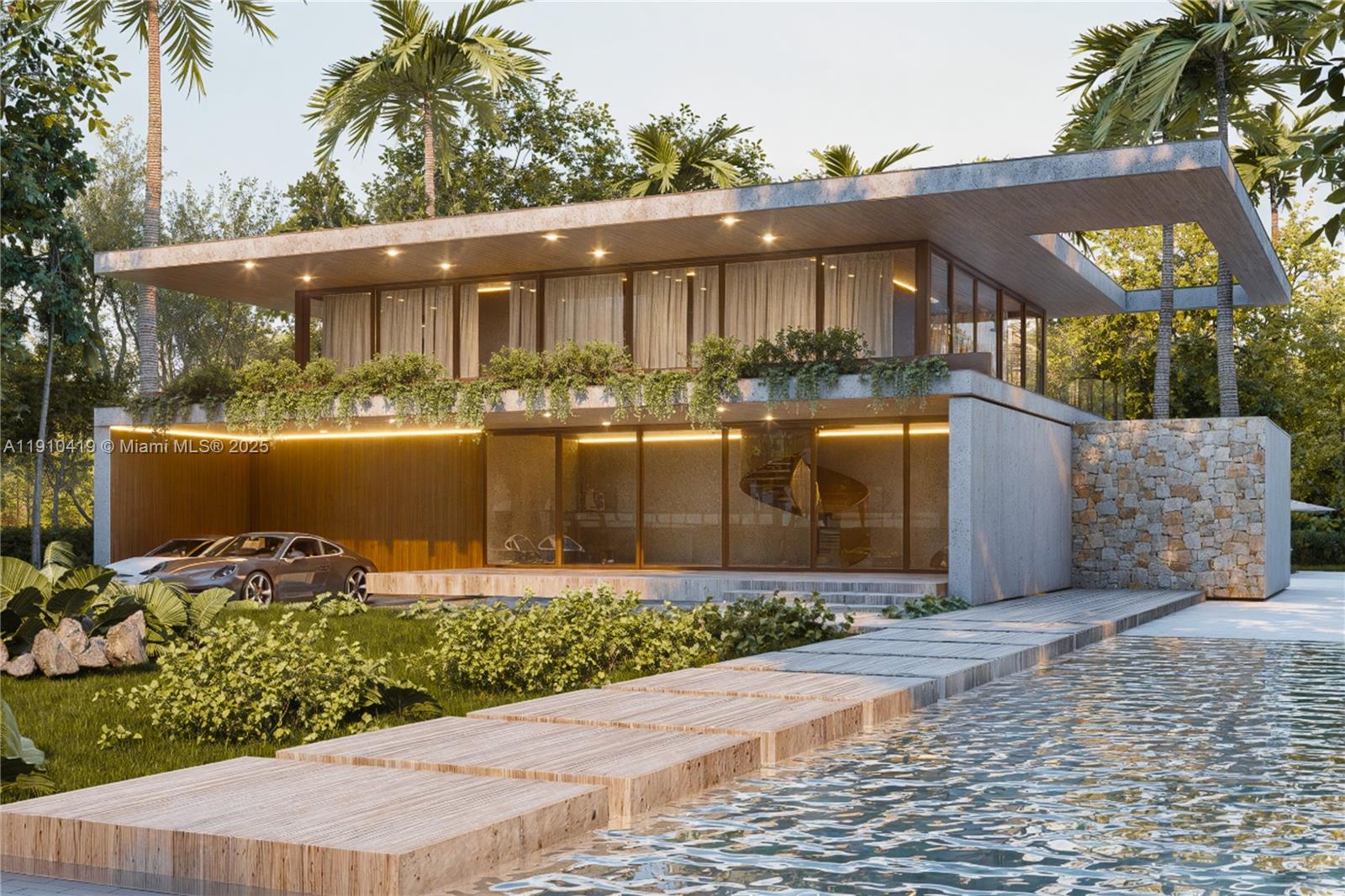 This is a rendering of a modern two-story concrete house with a pool and car — 12500 Alamanda Dr, North Miami FL 33181, NORTH MIAMI, FL