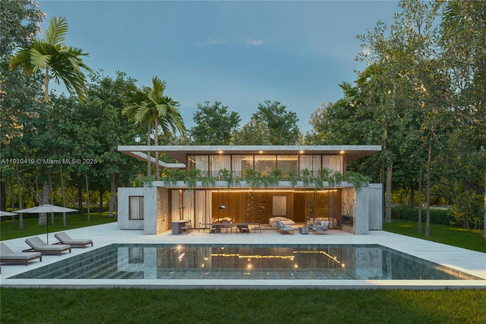 This architectural rendering shows a modern two-story house with a pool and lush landscaping — 12500 Alamanda Dr, North Miami FL 33181, NORTH MIAMI, FL