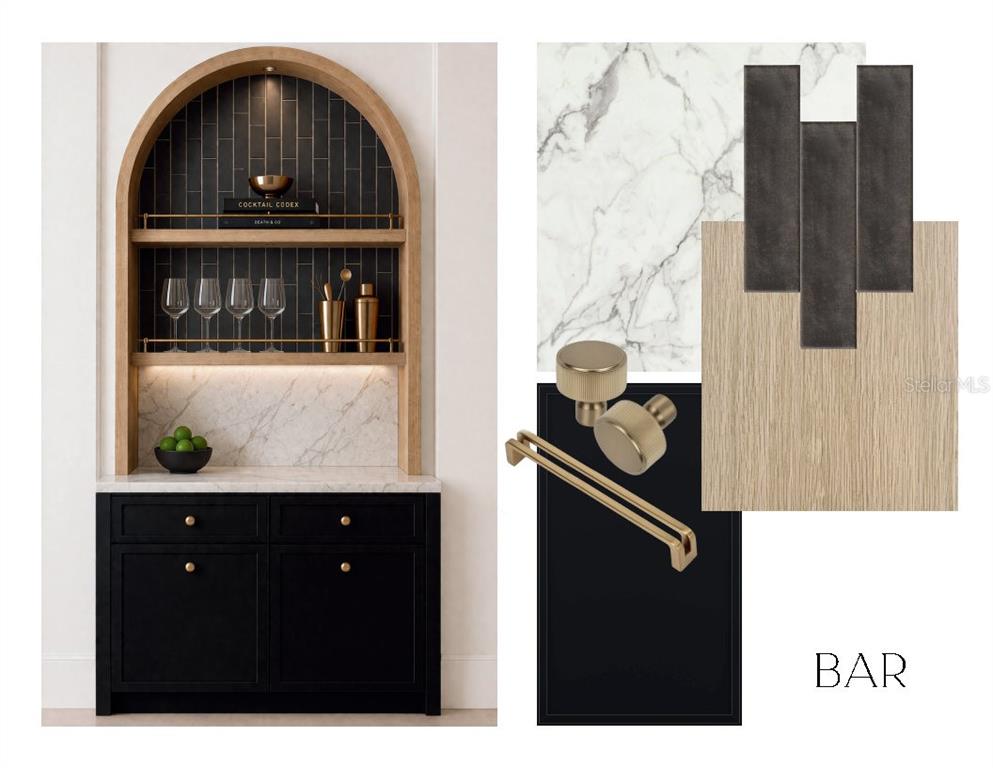 A built-in wet bar features black cabinetry, a marble backsplash, and arched wooden shelving — 2719 13TH STREET N, ST PETERSBURG, FL