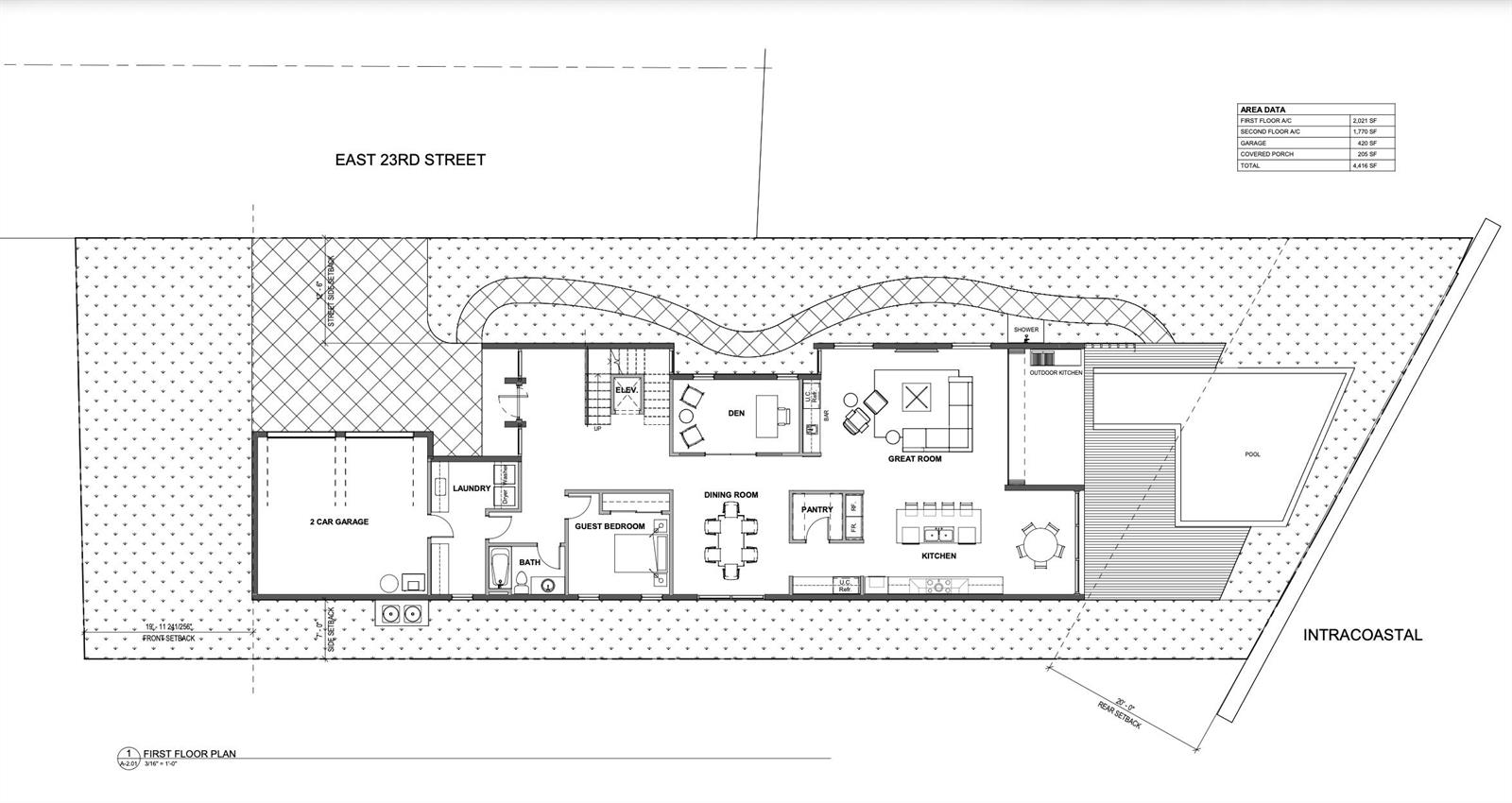 This is a first-floor plan for a house featuring a garage, pool, and outdoor kitchen — 265 E 23rd Street, Riviera Beach FL 33404, RIVIERA BEACH, FL