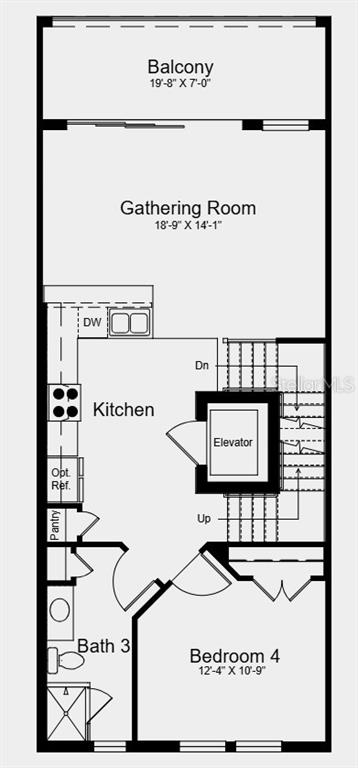 This is a floor plan showing a kitchen, gathering room, bedroom, bathroom, and private elevator — 1623 SEA HAVEN DRIVE UNIT 306, PUNTA GORDA, FL