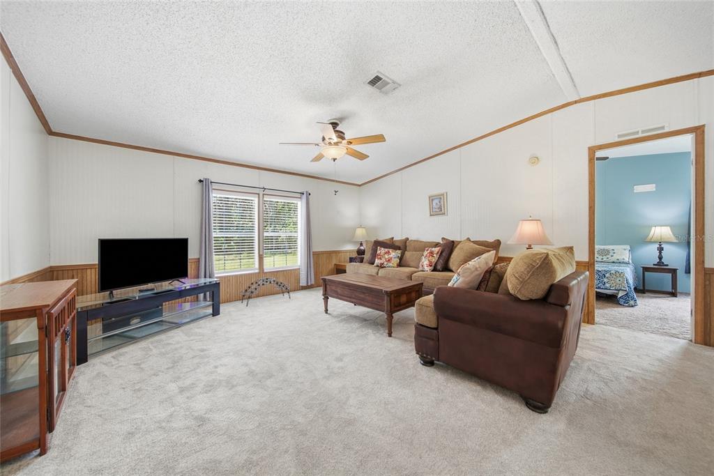 A living room features beige carpeting, wood-paneled wainscoting, a ceiling fan, and a brown sofa — 6261 W MONTICELLO STREET, HOMOSASSA, FL
