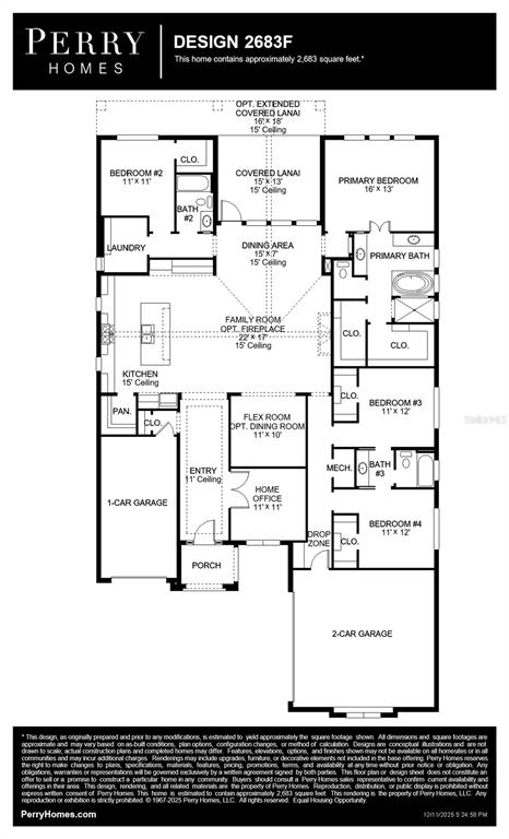 This is a floor plan for a Perry Homes single-story house design with 2,683 square feet — 13027 CAMELOT LANE, PUNTA GORDA, FL