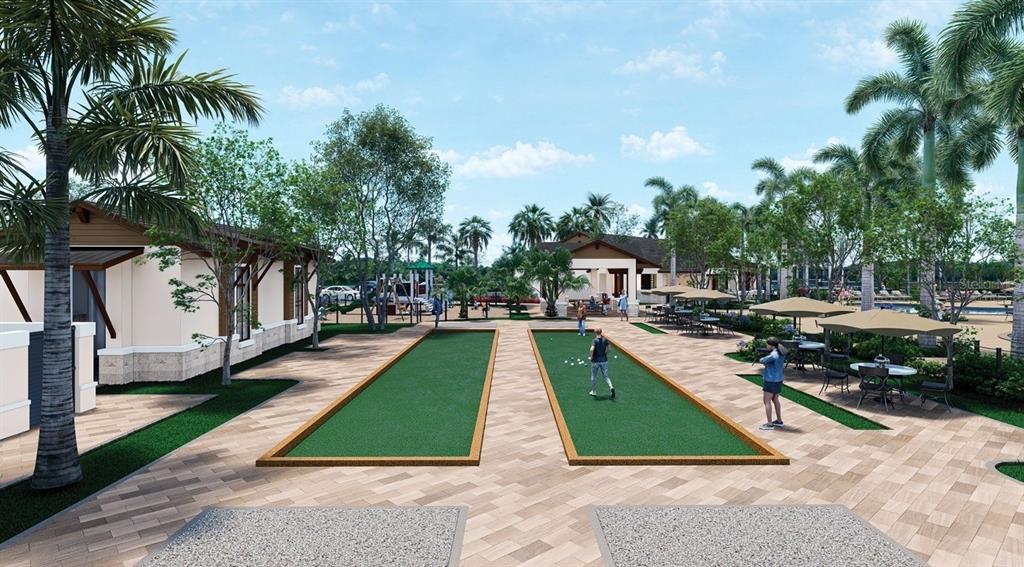 This rendering shows two bocce ball courts in a landscaped outdoor community recreation area — 13027 CAMELOT LANE, PUNTA GORDA, FL