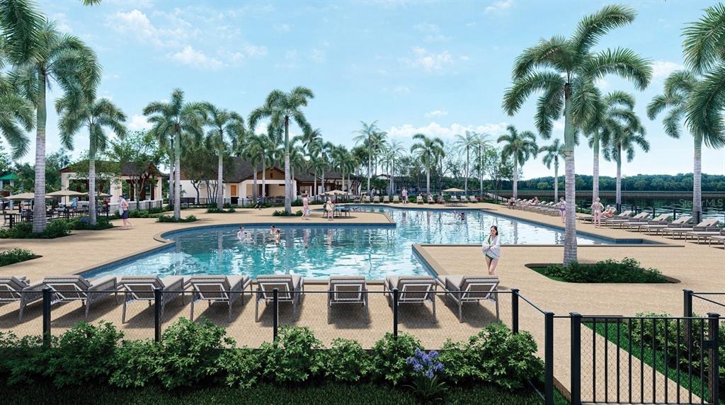 This is a rendering of a resort-style swimming pool surrounded by palm trees and lounge chairs — 13027 CAMELOT LANE, PUNTA GORDA, FL