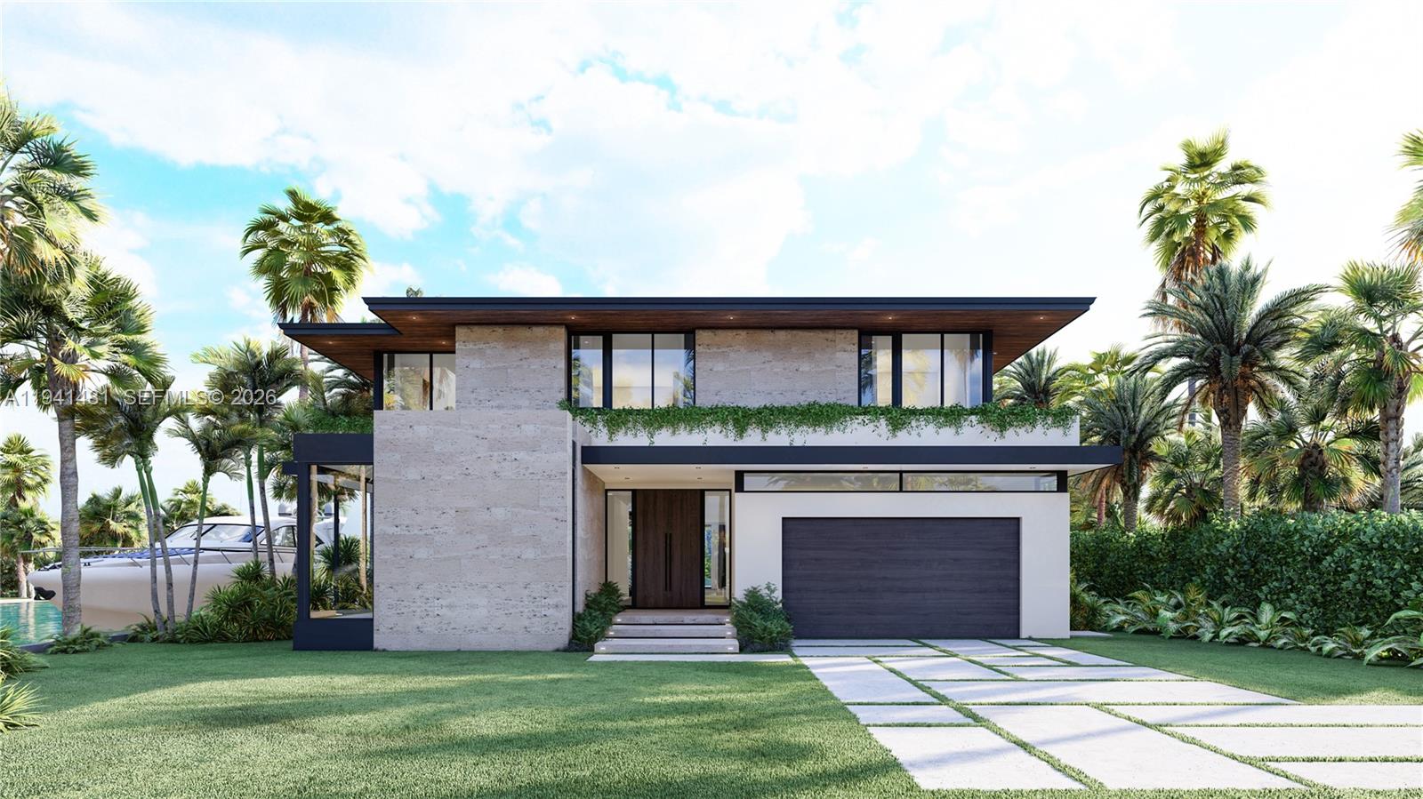 This is a rendering of a modern two-story house with a stone facade and garage — 2210 NE 124th St, North Miami FL 33181, NORTH MIAMI, FL