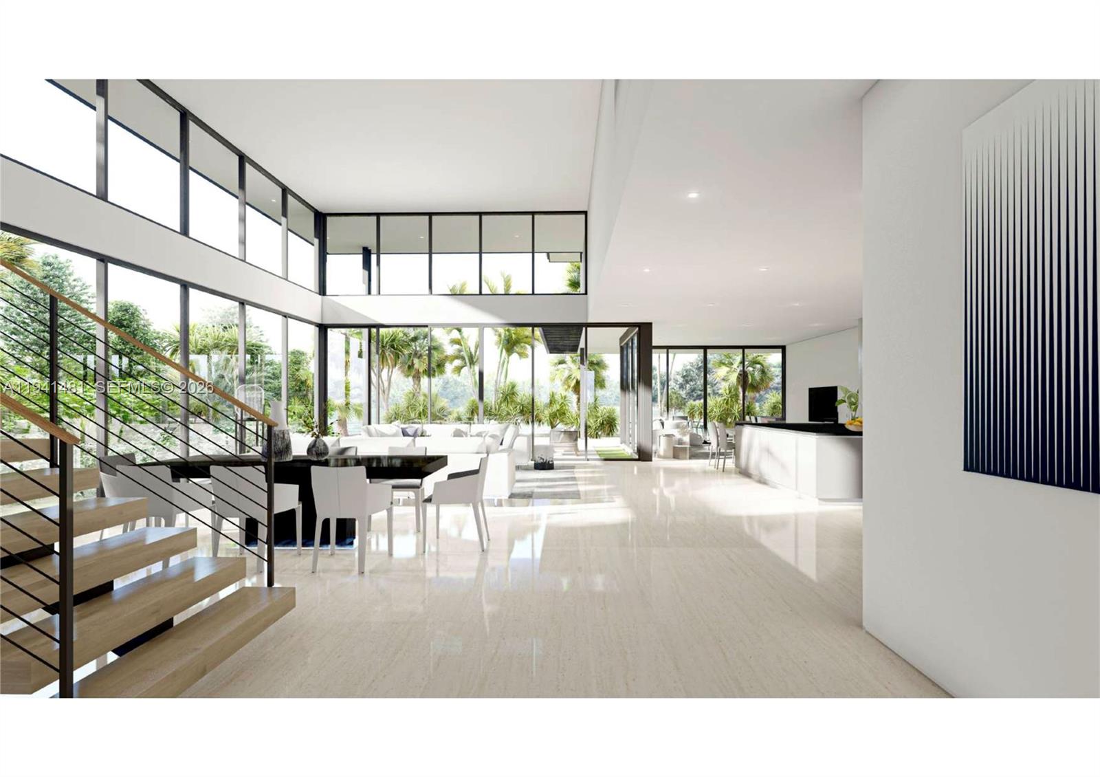 This rendering shows a modern, open-concept living area with floor-to-ceiling windows and a staircase — 2210 NE 124th St, North Miami FL 33181, NORTH MIAMI, FL