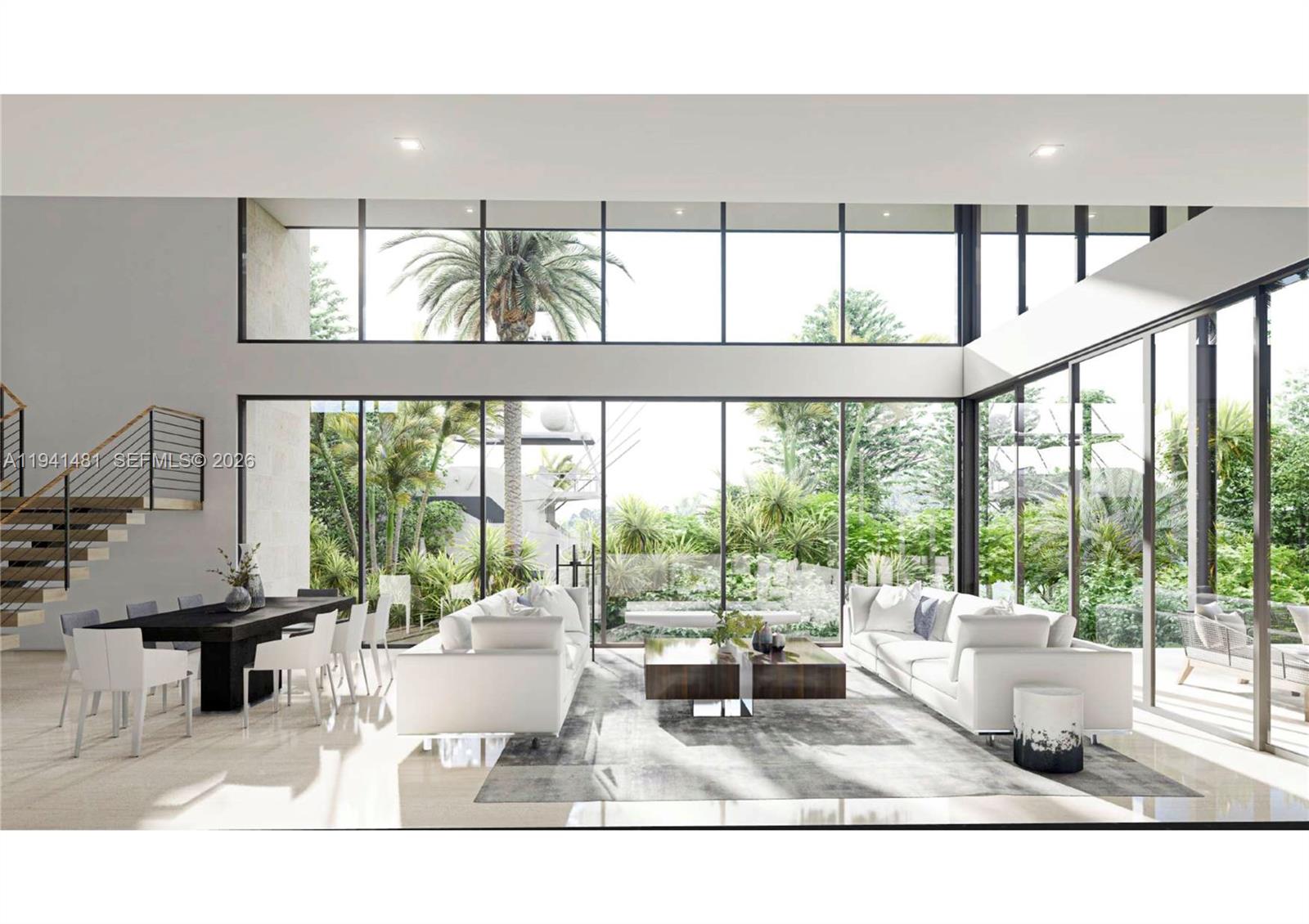 This rendering shows a modern, double-height living and dining area with floor-to-ceiling glass walls — 2210 NE 124th St, North Miami FL 33181, NORTH MIAMI, FL