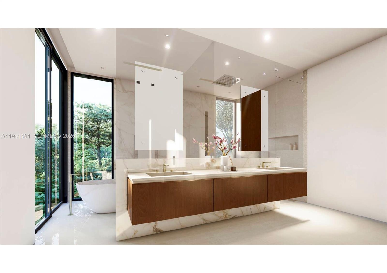 This rendering shows a modern bathroom with a floating wood vanity and marble slab wall — 2210 NE 124th St, North Miami FL 33181, NORTH MIAMI, FL