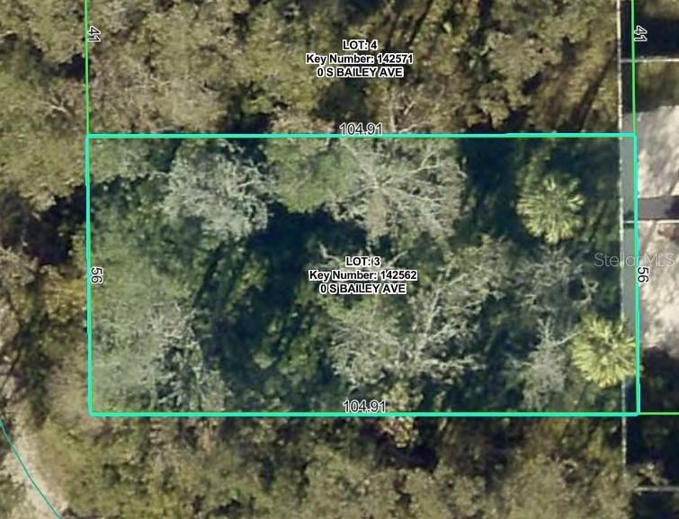 An aerial map view shows a rectangular plot of land labeled as Lot 3 — 00 S BAILEY AVENUE, BROOKSVILLE, FL