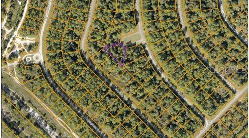 This aerial map shows a highlighted vacant lot within a wooded residential neighborhood — BROLLY STREET, NORTH PORT, FL